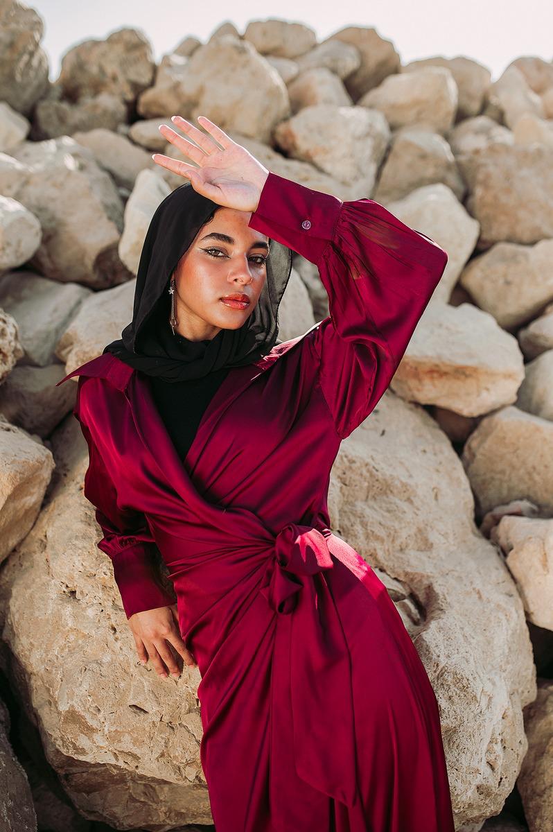 maroon satin dress Satin dress with collar (Burgundy) – Ornaty